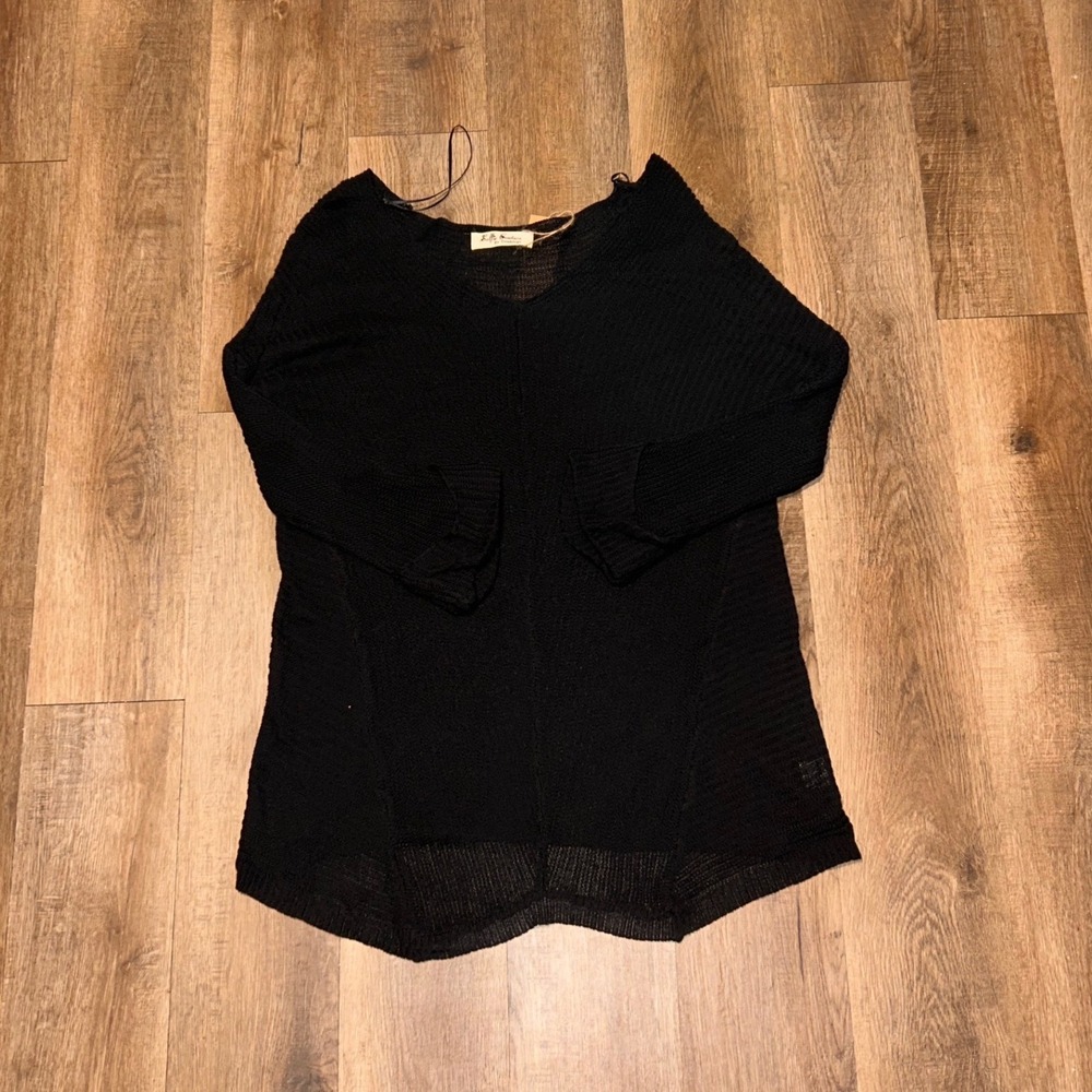 Selfie Couture Black Ramie Cotton Knit V-Neck Tunic Sweater XL XSW30385 Coastal